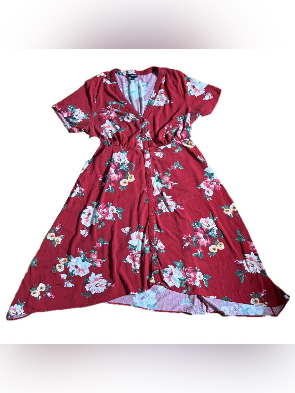 Torrid Red Floral Midi Challis Shirt Dress Size 0 Large Hi Lo Button Front